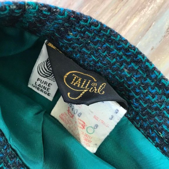 Vintage Teal Wool Tweed Plaid Knee Length Pencil Skirt Tall Girl Brand 26" Waist - Picture 4 of 4